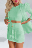 Green Fashion Casual Solid Cardigan Turndown Collar Long Sleeve Two Pieces