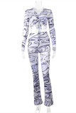 Colour Fashion Casual Print Draw String Frenulum V Neck Long Sleeve Two Pieces