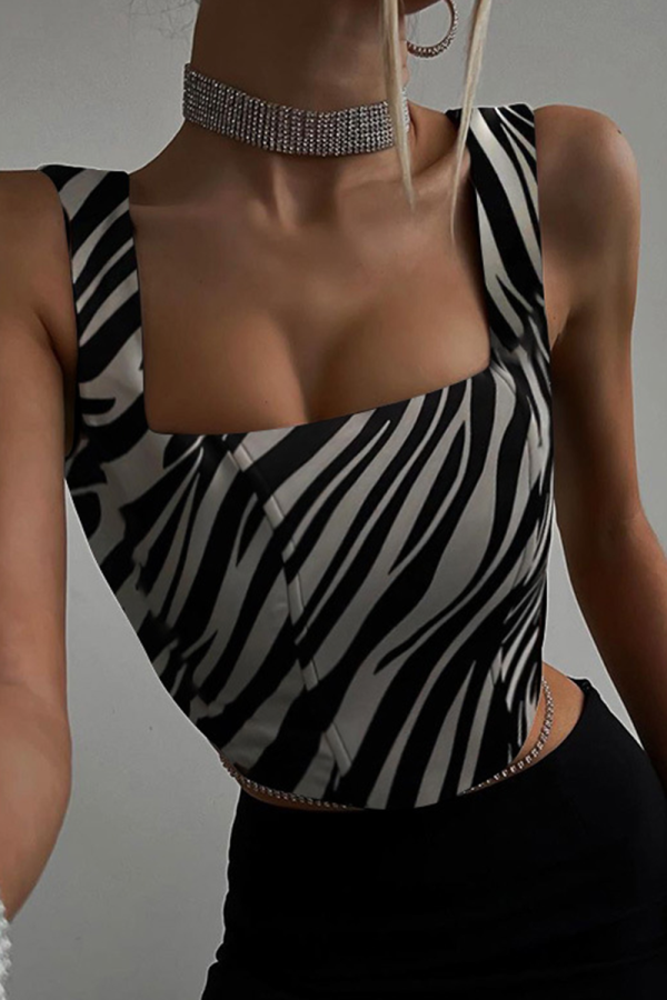 Zebra Sexy Animal Print Patchwork Square Collar Tops
