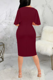 Burgundy Fashion Casual Solid Basic O Neck Short Sleeve Dress