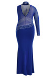 Blue Sexy Plus Size Hot Drilling Split Joint See-through Turtleneck Evening Dress