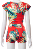 Blue Sexy Print Patchwork Short Sleeve Two Pieces