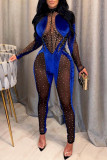 Blue Fashion Sexy Patchwork Sequins See-through Half A Turtleneck Skinny Jumpsuits