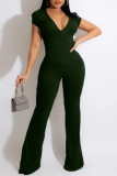 Army Green Fashion Casual Solid Basic V Neck Regular Jumpsuits