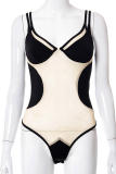 Black Sexy Solid Patchwork Mesh Swimwears