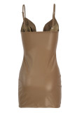 Khaki Fashion Sexy Solid Backless V Neck Sling Dress