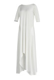 White Fashion Solid Asymmetrical Oblique Collar Long Dresses