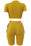 Yellow Fashion Casual Solid Bandage Hollowed Out O Neck Short Sleeve Two Pieces