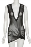 Black Fashion Sexy Solid See-through V Neck Sleeveless Dress