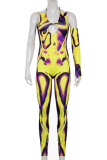 Multicolor Sexy Print Hollowed Out V Neck Skinny Jumpsuits