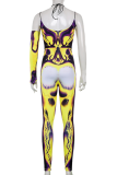 Multicolor Sexy Print Hollowed Out V Neck Skinny Jumpsuits
