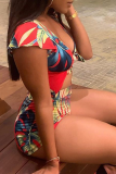 Blue Sexy Print Patchwork Short Sleeve Two Pieces
