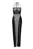 Black Fashion Sexy Patchwork Bandage See-through Backless Halter Strapless Dress