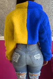 Blue Yellow Fashion Casual Solid Patchwork Cardigan Turndown Collar Outerwear