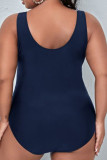 Dark Blue Sexy Patchwork Solid Hollowed Out See-through Backless V Neck Plus Size Swimwear