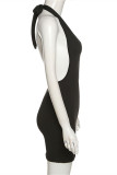 Black Fashion Sexy Solid Backless Halter Sleeveless Dress