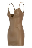 Khaki Fashion Sexy Solid Backless V Neck Sling Dress