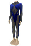 Blue Fashion Sexy Patchwork Sequins See-through Half A Turtleneck Skinny Jumpsuits