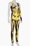 Multicolor Sexy Print Hollowed Out V Neck Skinny Jumpsuits