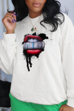 White Casual Street Print Lips Printed Patchwork O Neck Tops