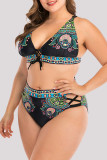Multicolor Sexy Print Bandage Hollowed Out Backless V Neck Plus Size Swimwear Set