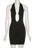 Black Fashion Sexy Solid Backless Halter Sleeveless Dress