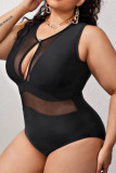 Black Fashion Sexy Patchwork Solid Hollowed Out Backless O Neck Plus Size Swimwear