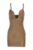 Khaki Fashion Sexy Solid Backless V Neck Sling Dress