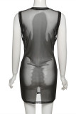 Black Fashion Sexy Solid See-through V Neck Sleeveless Dress