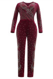 Purplish Red Fashion Casual Patchwork Hot Drill V Neck Plus Size Jumpsuits