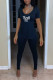 Black Casual Print Patchwork Slit U Neck Short Sleeve Two Pieces