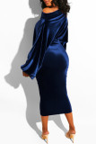 Dark Blue Fashion Sexy Solid backless One word collar Step Skirt Dresses