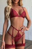 Burgundy Sexy Solid Lace Hollowed Out Valentines Day Lingerie