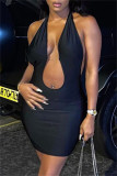 Black Fashion Sexy Solid Backless Halter Sleeveless Dress