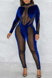 Blue Fashion Sexy Patchwork Sequins See-through Half A Turtleneck Skinny Jumpsuits