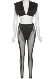 Black Sexy Solid Split Joint Pocket See-through Sleeveless Two Pieces