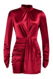 Burgundy Fashion Casual Solid Split Joint Turtleneck Long Sleeve Dresses
