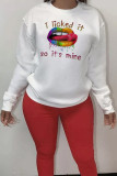White Fashion Sexy Print Lips Printed Patchwork O Neck Tops