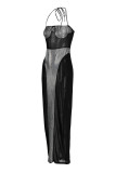 Black Fashion Sexy Patchwork Bandage See-through Backless Halter Strapless Dress