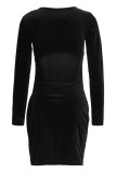 Black Fashion Sexy Solid Hollowed Out Split Joint O Neck Long Sleeve Dresses