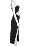 Black Fashion Sexy Solid Hollowed Out Backless Strapless Long Dress