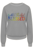 Grey Fashion Vintage Print Patchwork Letter O Neck Tops