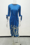 Burgundy Fashion Casual Print Hollowed Out Fold O Neck Dresses