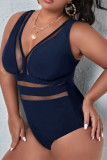 Dark Blue Sexy Patchwork Solid Hollowed Out See-through Backless V Neck Plus Size Swimwear