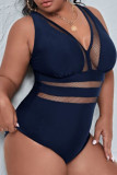 Black Sexy Patchwork Solid Hollowed Out See-through Backless V Neck Plus Size Swimwear