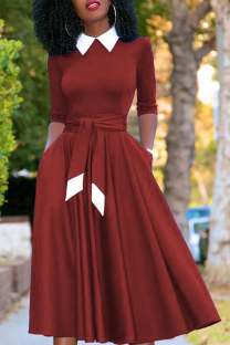Wine Red Vintage Solid Bandage Turndown Collar Pleated Dresses