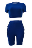 Blue Fashion Casual Solid Bandage Hollowed Out O Neck Short Sleeve Two Pieces