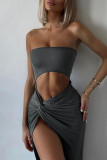 Black Fashion Sexy Solid Hollowed Out Backless Strapless Long Dress