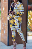 Multicolor Fashion Casual Print Cardigan Pants Turndown Collar Long Sleeve Two Pieces