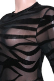 Black Fashion Sexy Patchwork See-through O Neck Skinny Jumpsuits